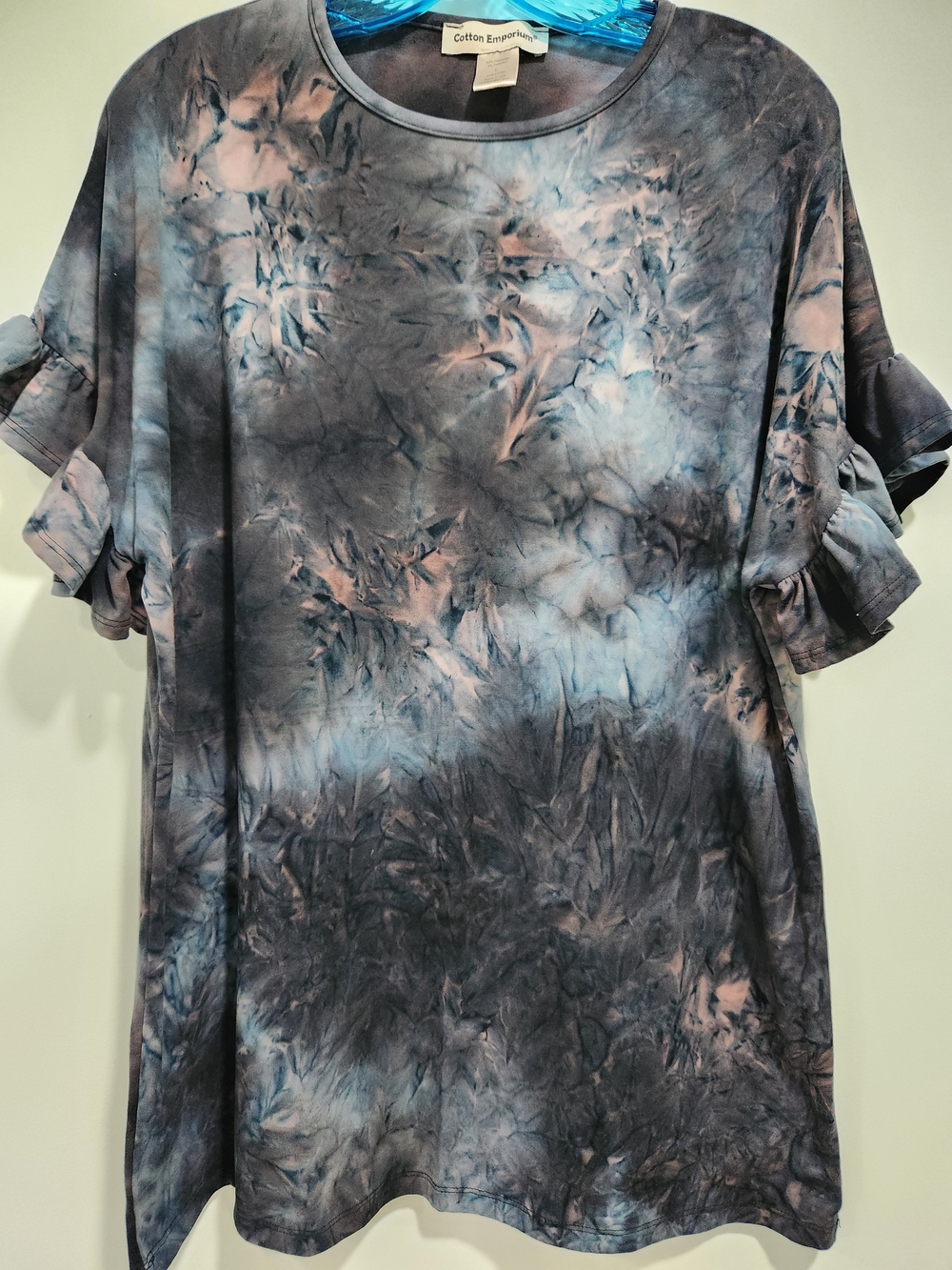 Cotton Emporium Blue & Pink Tie-Dye Ruffle Sleeve Short Sleeve Top